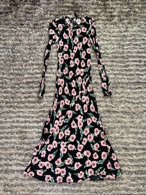 Zara Black Long-Sleeve Maxi Dress with Pink Floral Print